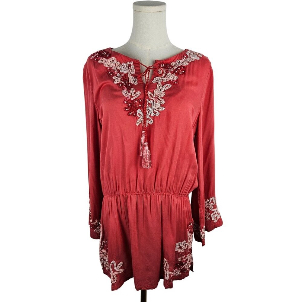 Soft Surroundings Tunic‎ Top Small Boho Embroidered Coral Red Peasant